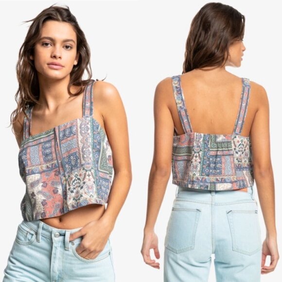 Quiksilver Paisley Patchwork Faded Denim Tencel Crop Top Tank Womens XS Beachy - Picture 1 of 9